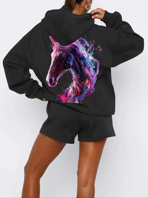 Women's Horse Print Hoodie, Casual Long Sleeve Hooded Sweatshirt for Fall & Winter, Women's Clothes for Daily Wear T-Shirts