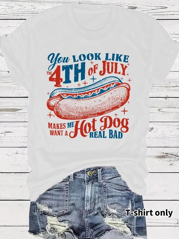 Women's Hot Dog & Fireworks Print Round Neck Tee, Vintage Trendy Casual Short Sleeve T-shirt for Daily Wear, Ladies...
