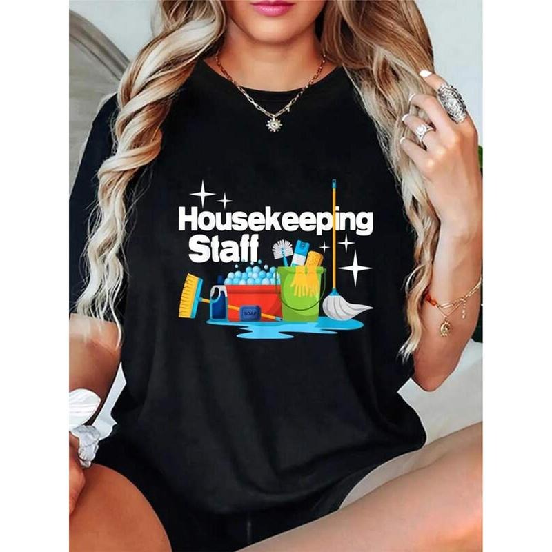 Women's Housekeeping Graphic T-Shirt - Casual Round Neck Short Sleeve Tee with "HOUSEKEEPING STAFF" Print, Black with...