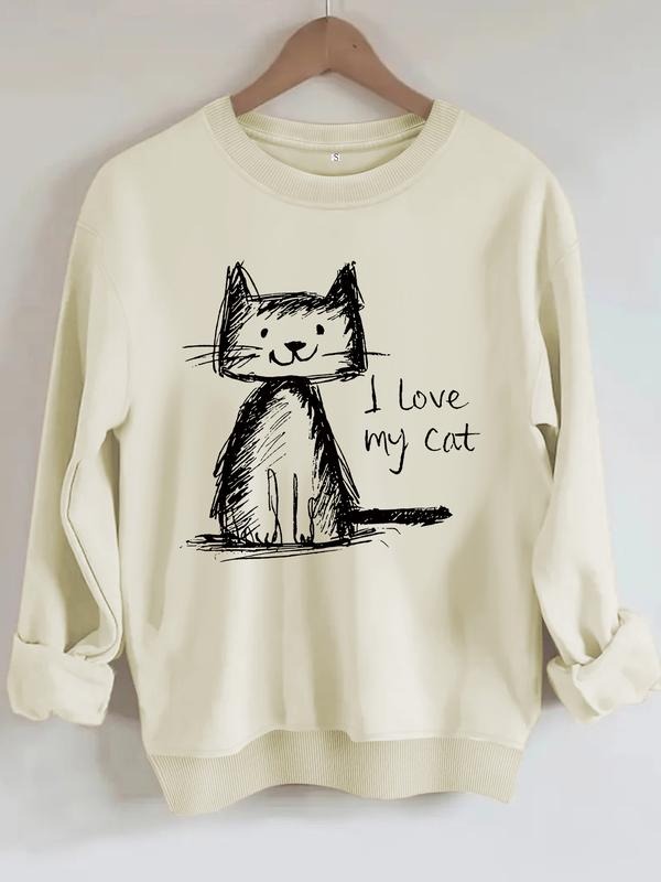 Women's I Love My Cat Print Casual Round Neck Sweatshirt, Soft Pullover, Fall & Winter Essential, Comfortable Fabric...
