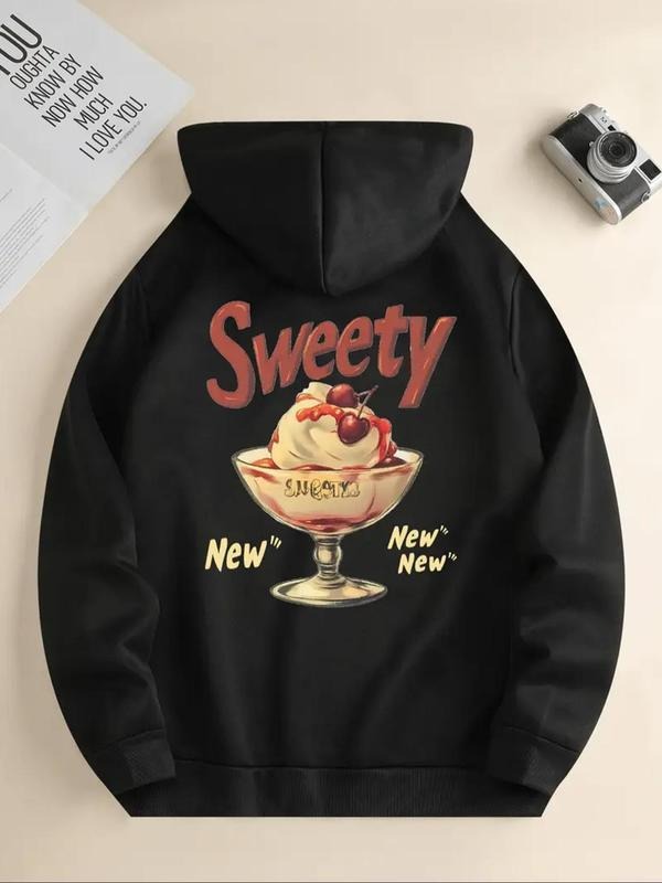 Women's Ice Cream Print Hoodie, Casual Letter Graphic Drawstring Kangaroo Pocket Hooded Sweatshirt for Daily Holiday...