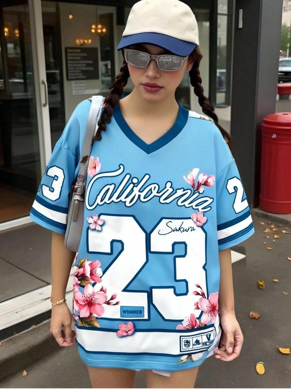Women's Ice Out Baseball Jersey, Floral Letter Print T-Shirt, Loose-Fit American Retro Style, Summer Sports Wear for Men...