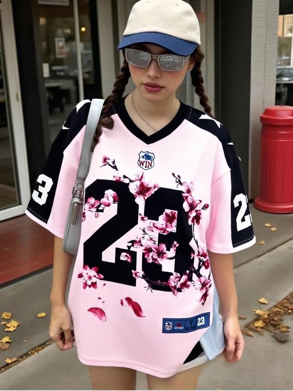 Women's Ice Out Baseball Jersey, Floral Letter Print T-Shirt, Loose-Fit American Retro Style, Summer Sports Wear for Men...