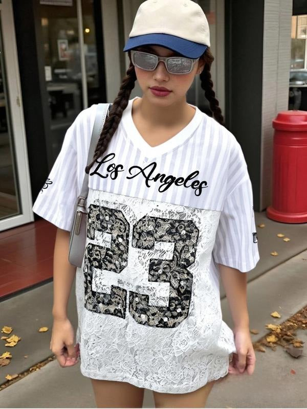 Women's Ice Silk Baseball Jersey Lace Patchwork Striped Casual T-Shirt, Loose Fit American Retro Style Summer Sports Tee...
