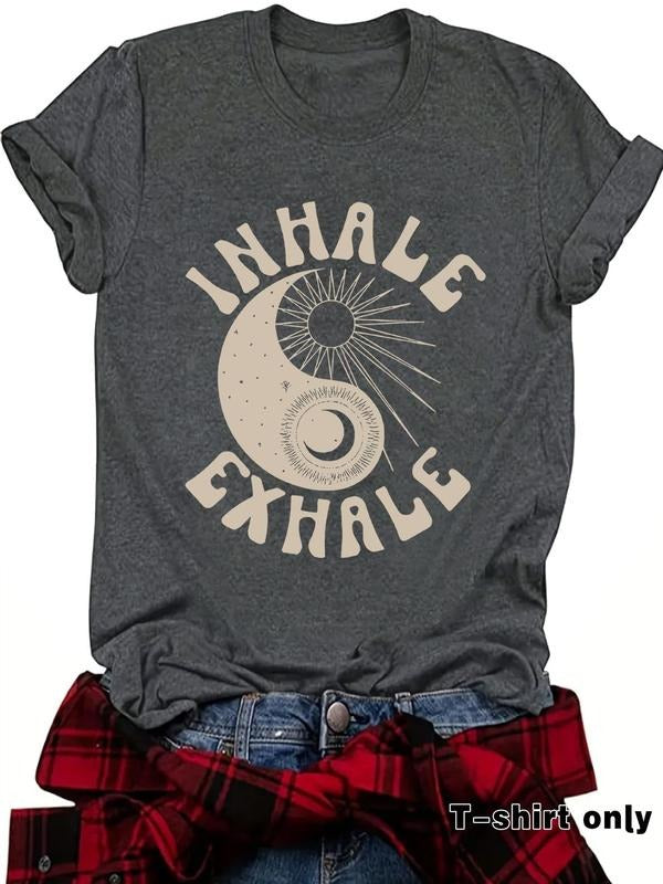 Women's Inhale Exhale Yoga Graphic Round Neck Tee, Casual Short Sleeve Crew Neck T-shirt for Summer, Fashion Women's Top...