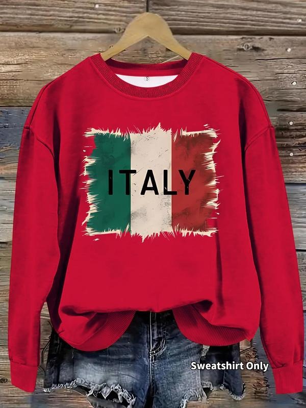 Women's Italy Flag Print Crew Neck Sweatshirt, Casual Long Sleeve Pullover for Fall & Winter, Women's Clothes for Daily...