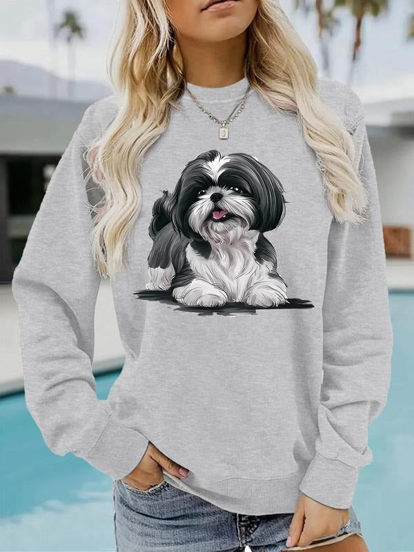 Women's Japanese Style Shiba Inu Print Crew Neck Sweatshirt, Casual Long Sleeve Pullover, Women's Fall & Winter Clothes...