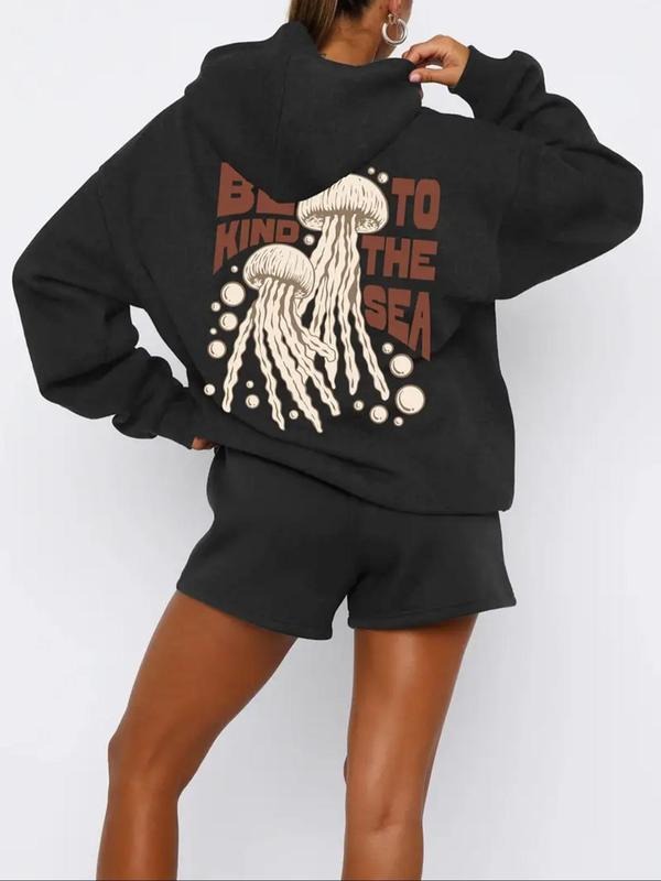 Women's Jellyfish & Letter Print Hoodie, Casual Long Sleeve Drawstring Hooded Sweatshirt for Daily Holiday Outdoor Wear,...