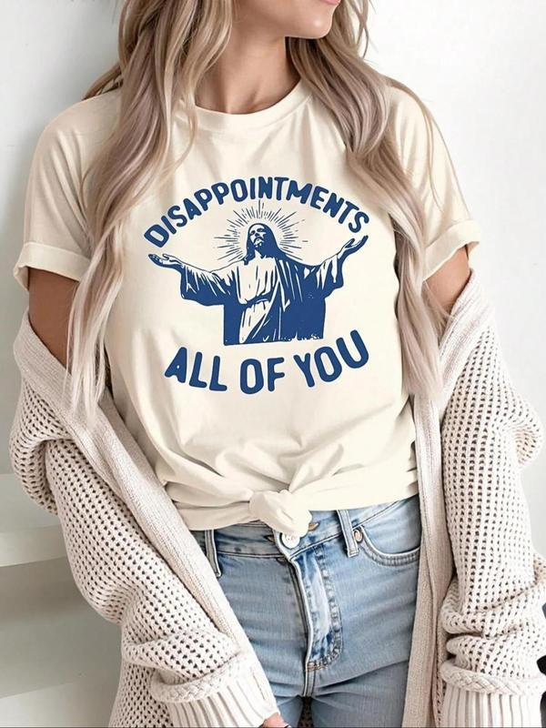 Women's Jesus & Letter Print Round Neck Tee, Vintage Trendy Casual Short Sleeve T-shirt for Daily Wear, Ladies Summer...