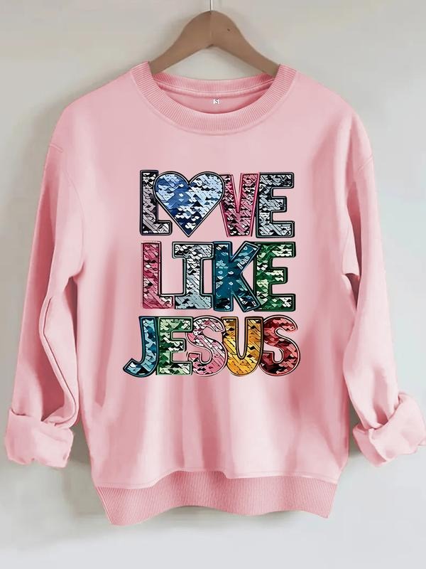 Women's Jesus Love Bible Print Round Neck Sweatshirt, Casual Fitted Pullover, Medium Stretch, All-Season Comfort...