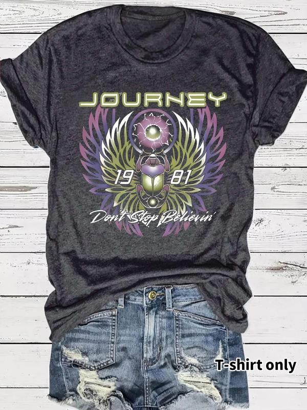 Women's Journey Don't Stop Believin' Print Round Neck Graphic Tee, Vintage Trendy Casual Short Sleeve T-shirt for Daily...