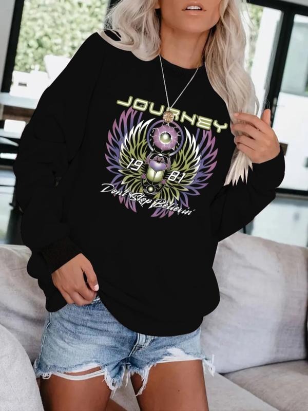 Women's Journey Don't Stop Believing Print Casual Round Neck Sweatshirt, Soft Spring & Fall Fitted Top T-Shirts, Hoodie