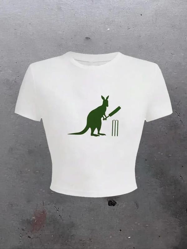Women's Kangaroo & Cricket Print Round Neck Tee, Casual Short Sleeve Crew Neck T-Shirt for Summer, Fashion Women's Top...
