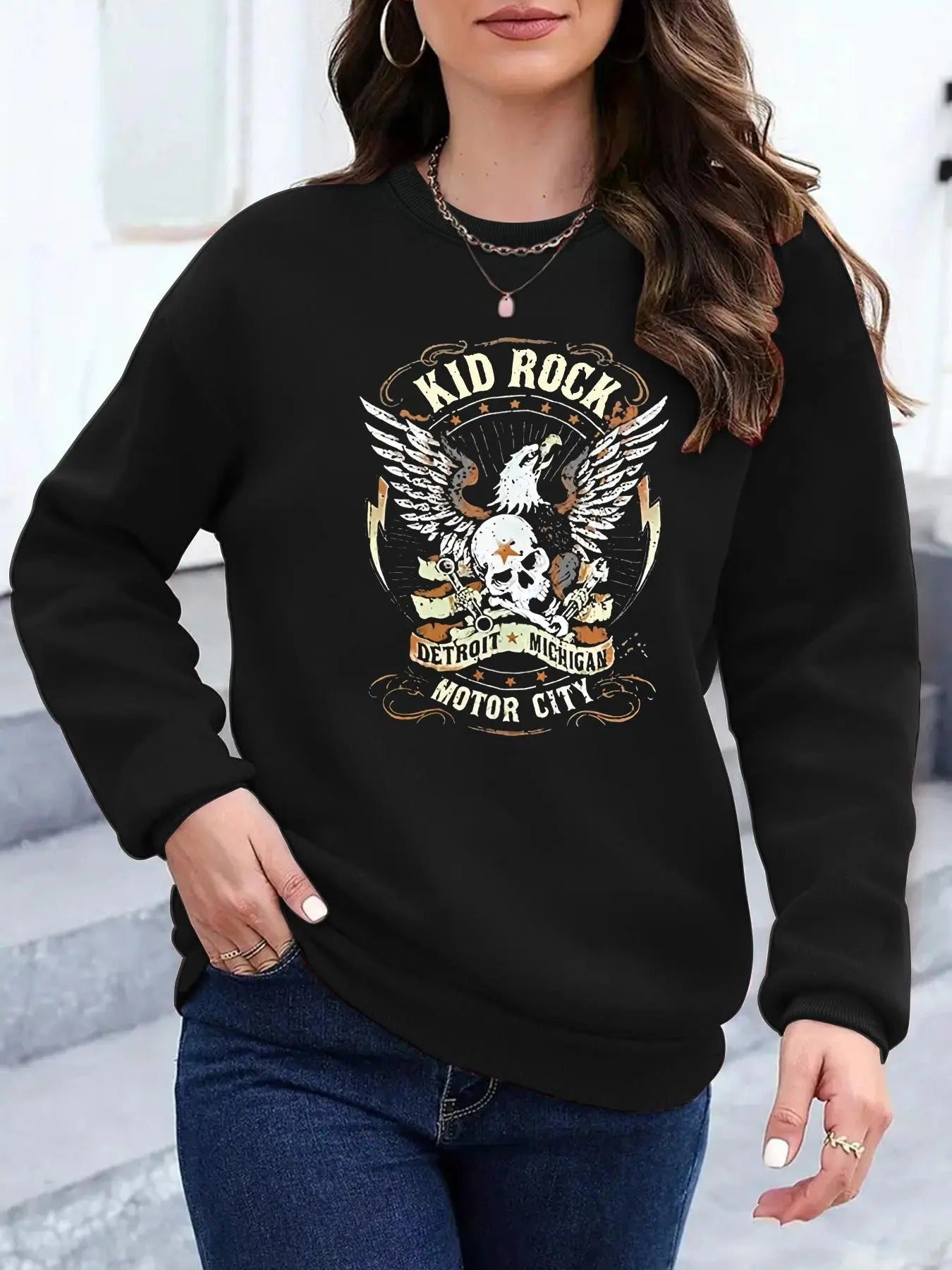 Women's Kid Rock Motor City Print Round Neck Sweatshirt, Casual Long Sleeve Crew Neck Pullover for Spring & Fall, Fashion...