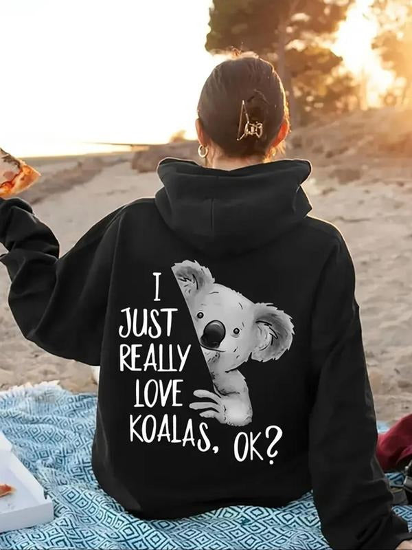 Women's Koala & Letter Print Hoodie, Casual Comfy Pullover Hooded Sweatshirt for Fall & Winter, Women's Clothes for Daily...