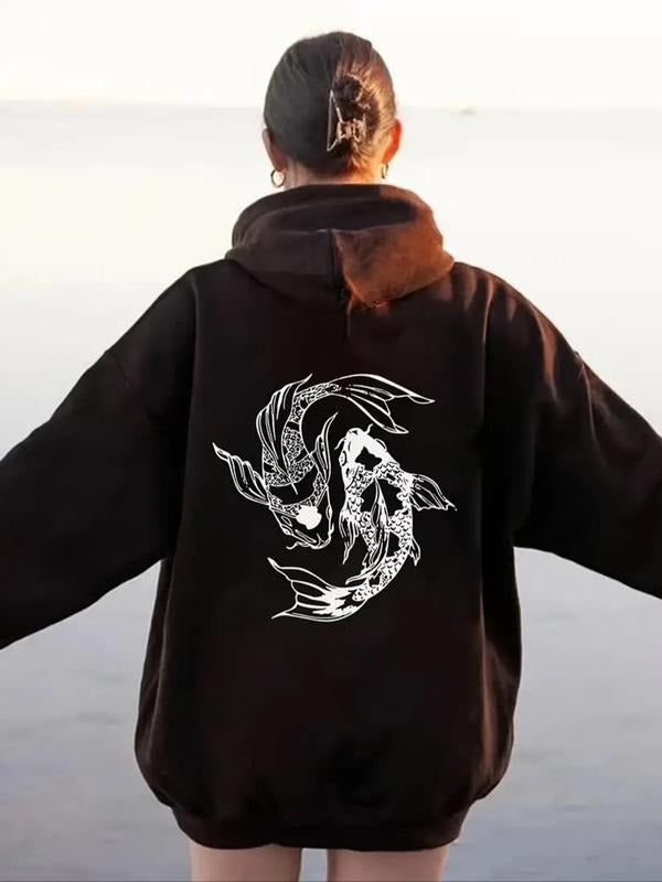 Women's Koi Fish Print Drawstring Pocket Hoodie, Casual Long Sleeve Hooded Sweatshirt for Fall & Winter, Women's Clothes...