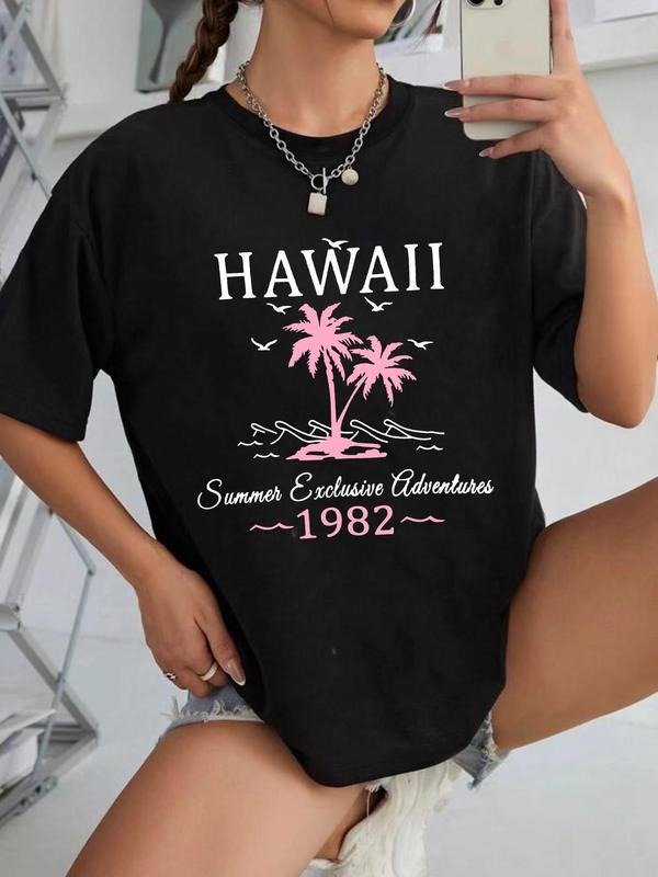 Women's Landscape & Figure Print Round Neck Graphic Tee, Vintage Trendy Casual Drop Shoulder Half Sleeve T-shirt for...