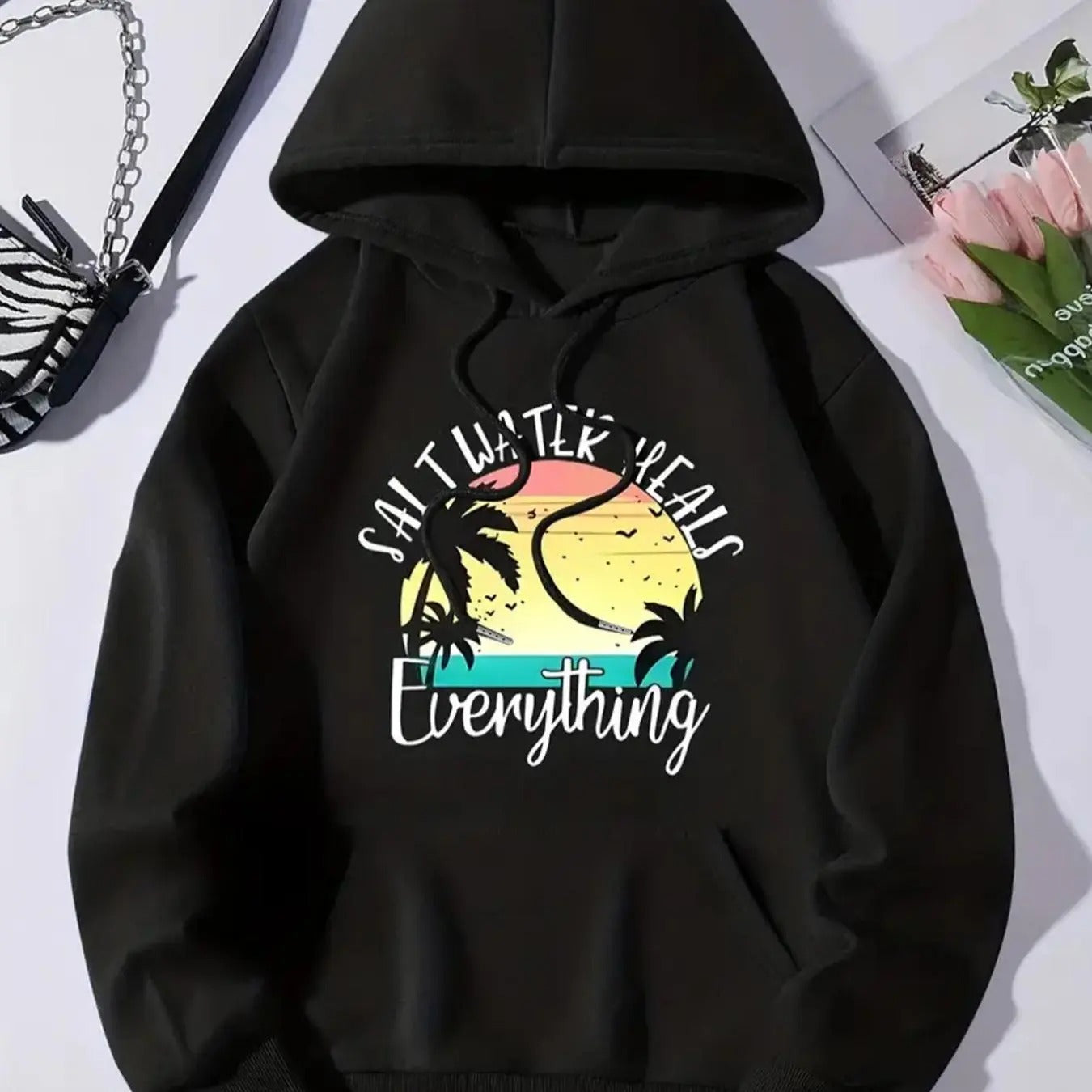 Women's Landscape & Letter Print Drop Shoulder Hoodie, Fashion Casual Drawstring Pocket Hooded Sweatshirt for Daily...