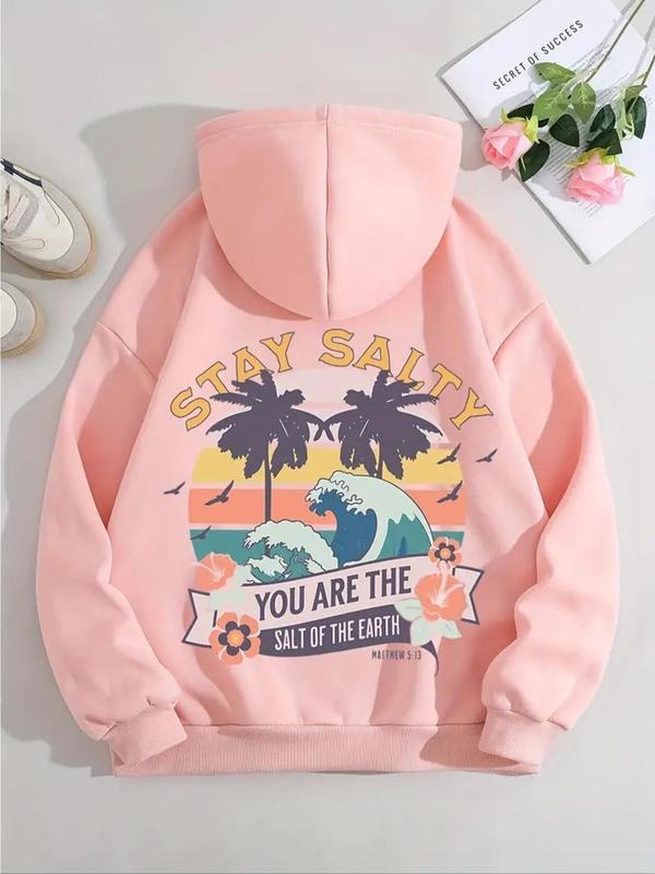 Women's Landscape & Letter Print Drop Shoulder Hoodie, Fashion Casual Drawstring Pocket Hooded Sweatshirt for Daily...