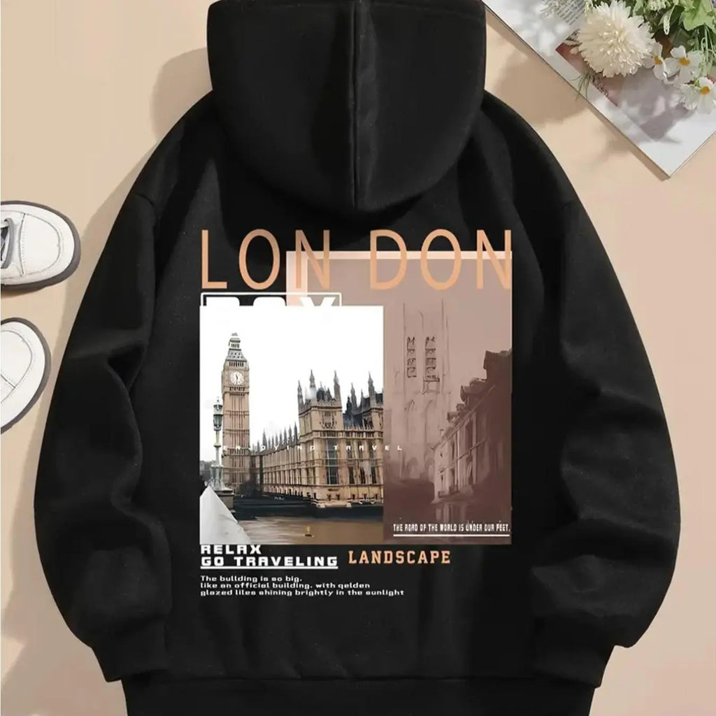 Women's Landscape & Letter Print Drop Shoulder Hoodie, Fashion Casual Drawstring Pocket Hooded Sweatshirt for Daily...