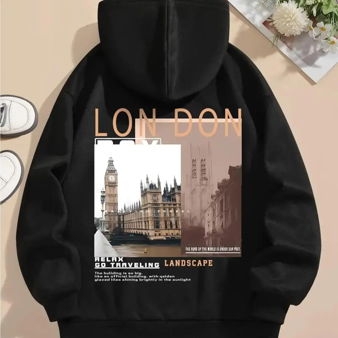 Women's Landscape & Letter Print Drop Shoulder Hoodie, Fashion Casual Drawstring Pocket Hooded Sweatshirt for Daily...