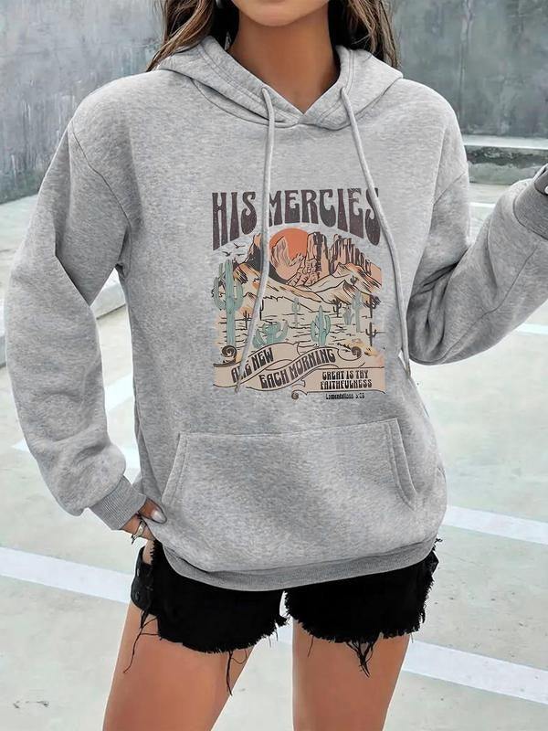 Women's Landscape & Letter Print Drop Shoulder Hoodie, Fashion Casual Drawstring Pocket Hooded Sweatshirt for Daily...