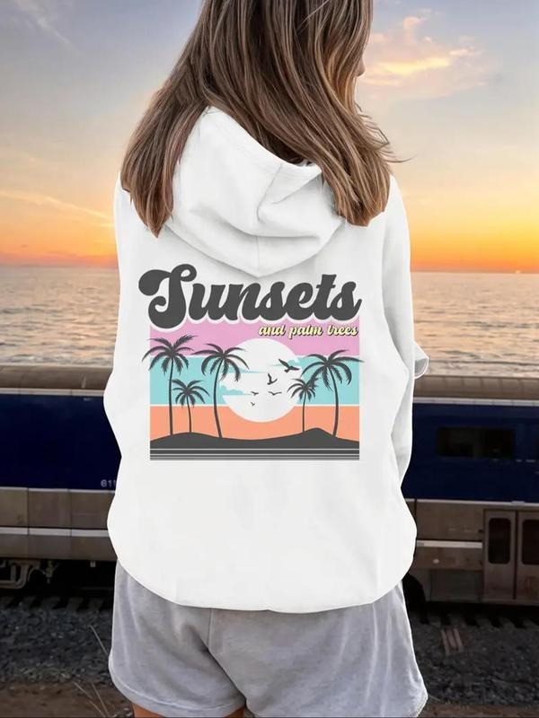 Women's Landscape & Letter Print Drop Shoulder Long Sleeve Hoodie, Fashion Casual  Drawstring Pocket Hooded Sweatshirt...