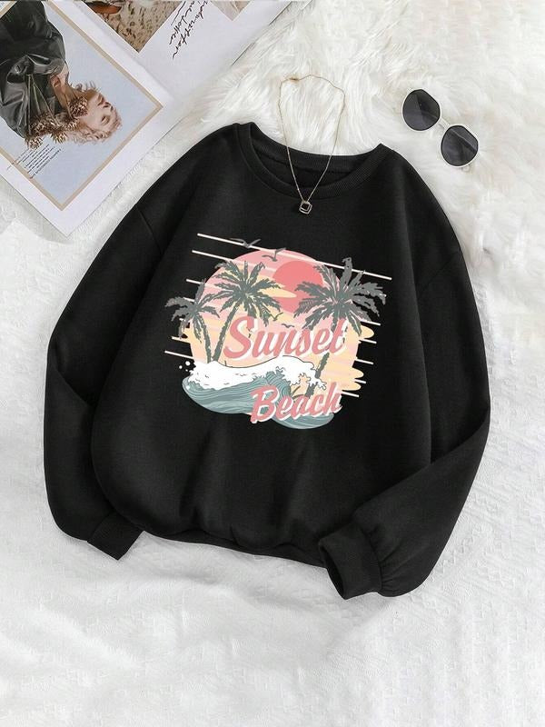 Women's Landscape & Letter Print Drop Shoulder Sweatshirt, Casual Long Sleeve Round Neck Pullover for Fall & Winter,...