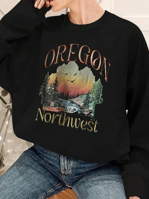 Women's Landscape & Letter Print Drop Shoulder Sweatshirt, Casual Long Sleeve Round Neck Pullover for Fall & Winter,...