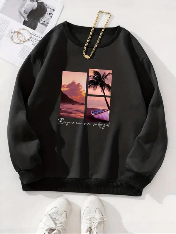 Women's Landscape & Letter Print Drop Shoulder Sweatshirt, Fashion Casual Long Sleeve Crew Neck Pullover for Daily...