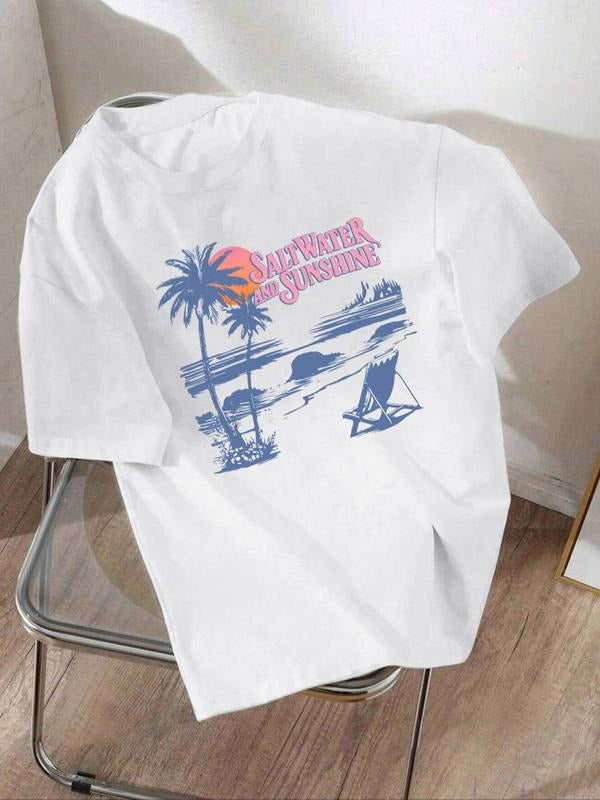 Women's Landscape & Letter Print Round Neck Tee, Casual Short Sleeve Crew Neck T-Shirt for Summer, Fashion Women's Top...