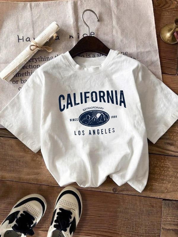 Women's Landscape & Letter Print Round Neck Tee, Casual Short Sleeve Crew Neck T-Shirt, Women's Top for Daily Wear...