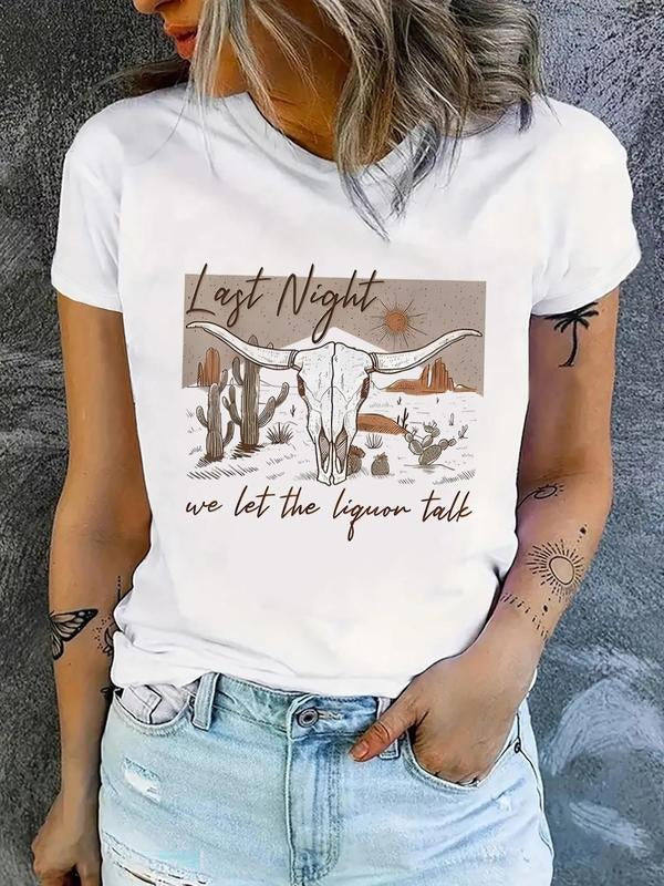 Women's Landscape & Letter Print Round Neck Tee, Casual Short Sleeve T-shirt for Daily Wear, Ladies All Seasons Tops...