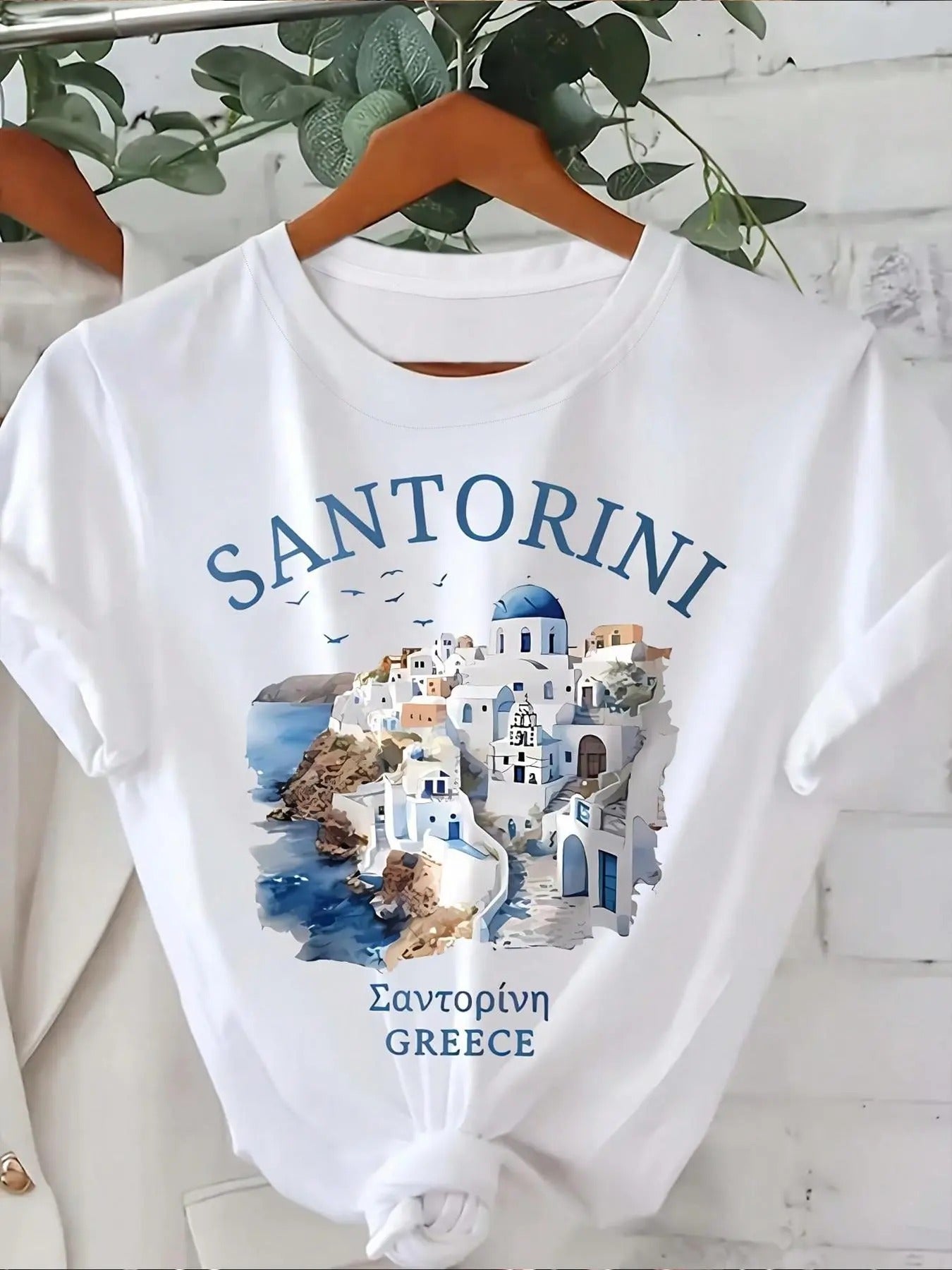 Women's Landscape & Letter Print Round Neck Tee, Casual Short Sleeve T-shirt for Summer, Ladies Clothes for Daily Wear...
