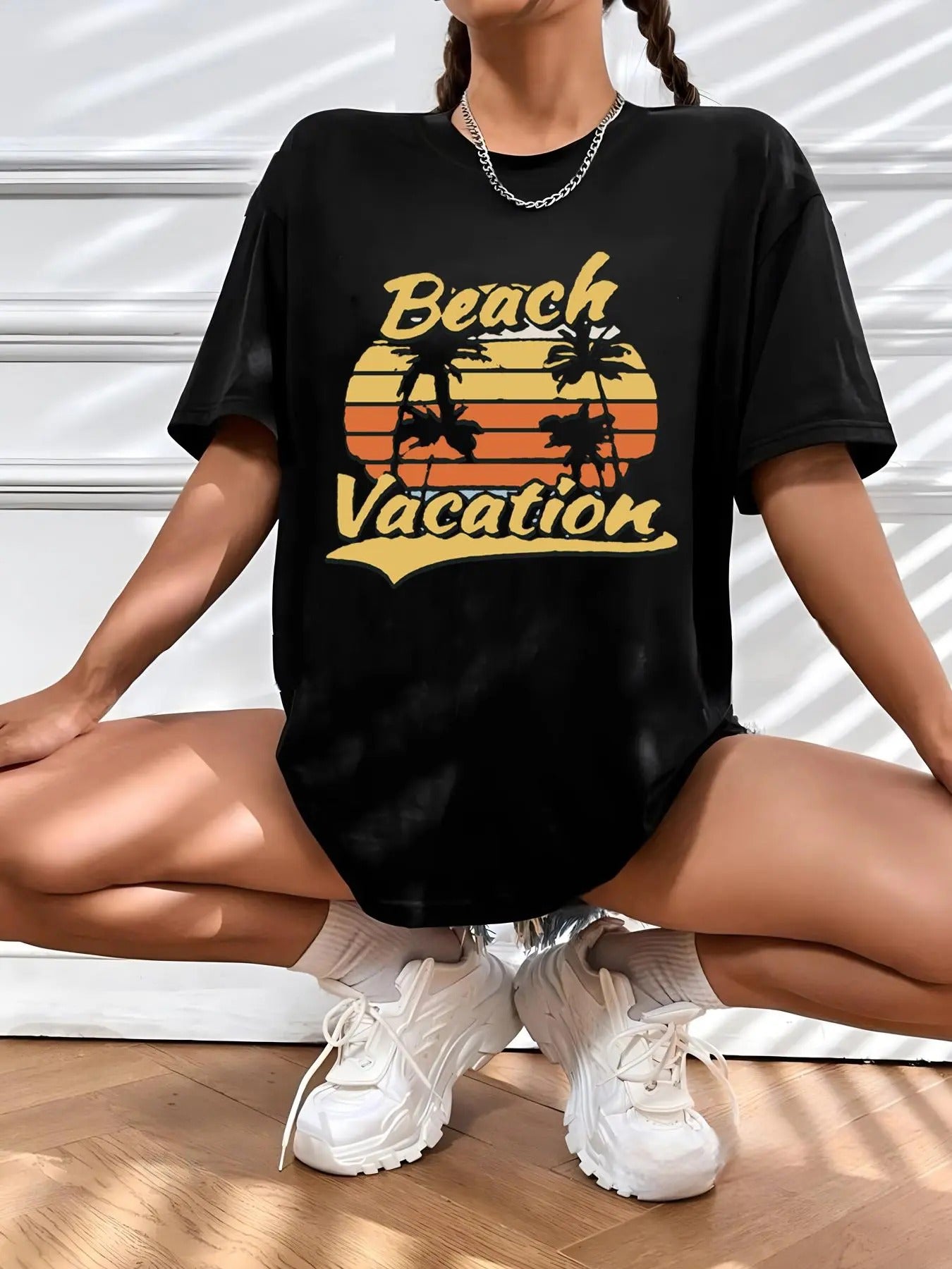 Women's Landscape & Letter Print Round Neck Tee, Trendy Casual Graphic Drop Shoulder Short Sleeve T-shirt for Holiday...