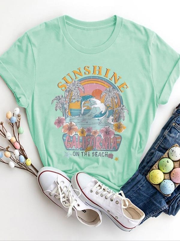 Women's Landscape & Letter Print Round Neck Tee, Trendy Casual Short Sleeve T-shirt for Daily Wear, Ladies Summer Outfit...