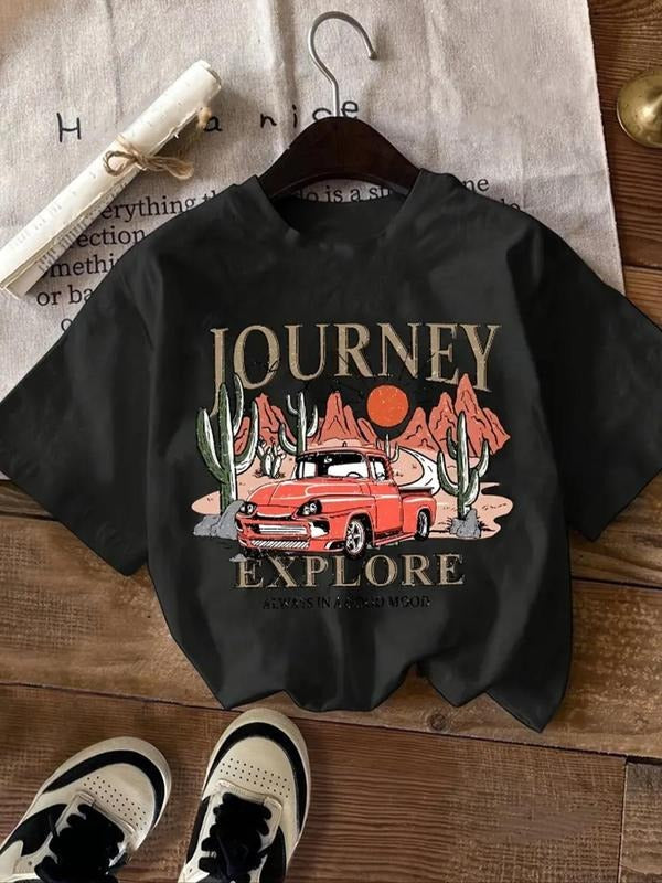 Women's Landscape & Letter Print Round Neck Tee, Vintage Trendy Casual Short Sleeve T-shirt for Daily Wear, Ladies Summer...