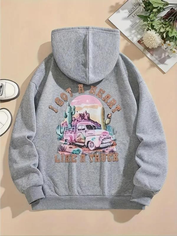 Women's Landscape & Letter Print Thermal Lined Hoodie, Fashion Casual Drawstring Pocket Hooded Sweatshirt for Daily...