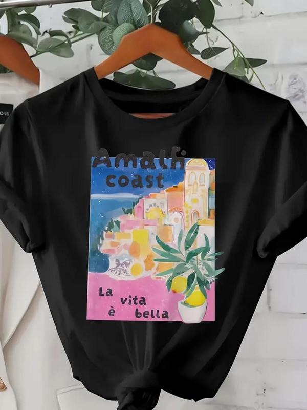 Women's Landscape & Plants Print Round Neck Tee, Trendy Casual Short Sleeve Letter Graphic T-shirt for Daily Wear, Ladies...