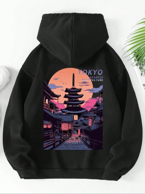Women's Landscape Print Drop Shoulder Hoodie, Fashion Casual Drawstring Pocket Hooded Sweatshirt for Daily Holiday...