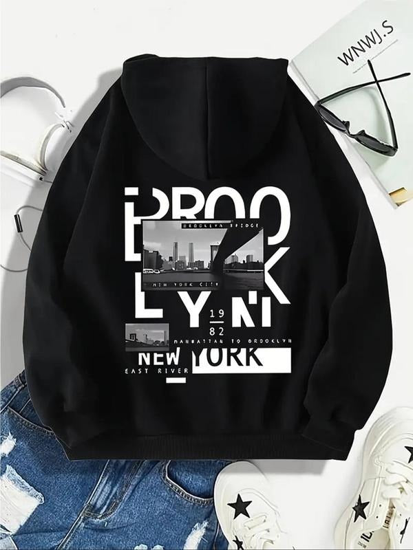 Women's Landscape Print Drop Shoulder Hoodie, Fashion Casual Letter Print Drawstring Pocket Hooded Sweatshirt for Daily...