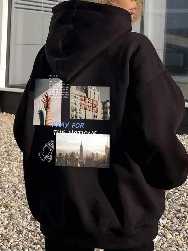 Women's Landscape Print Drop Shoulder Hoodie, Fashion Casual Letter Print Drawstring Pocket Hooded Sweatshirt for Daily...