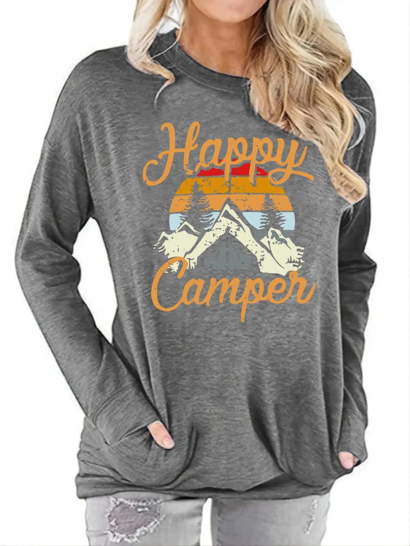 Women's Landscape Print Drop Shoulder Tee, Casual Letter Graphic Long Sleeve Round Neck T-Shirt for Spring & Fall,...