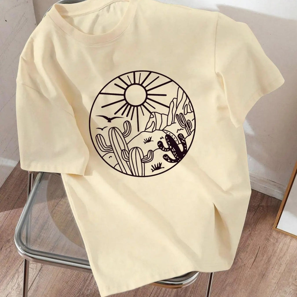 Women's Landscape Print Round Neck Tee, Casual Short Sleeve Crew Neck T-shirt for Summer, Fashion Women's Top for Daily...