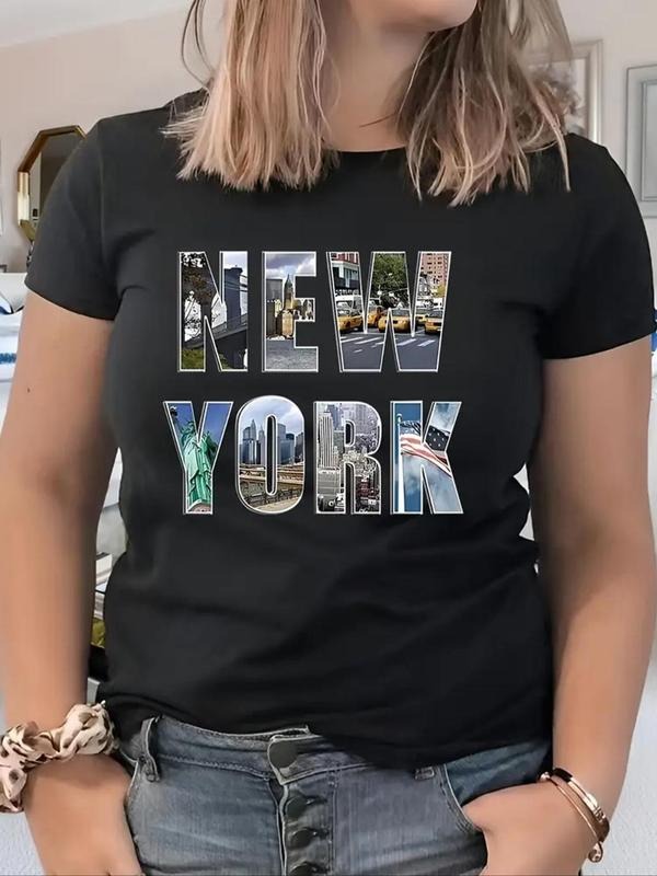 Women's Landscape Print Round Neck Tee, Fashion Casual Letter Print Short Sleeve T-Shirt for Daily Wear, Ladies Summer...