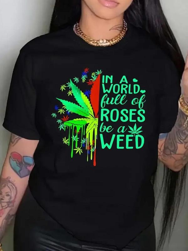 Women's Leaf & Letter Print Round Neck Tee, Fashion Casual Crew Neck Short Sleeve T-Shirt for Daily Holiday Vacation...