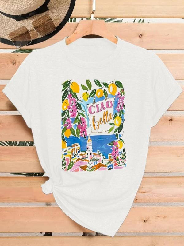 Women's Lemon & Floral Print Round Neck Tee, Trendy Casual Short Sleeve T-Shirt for Daily Wear, Ladies Summer, Top...