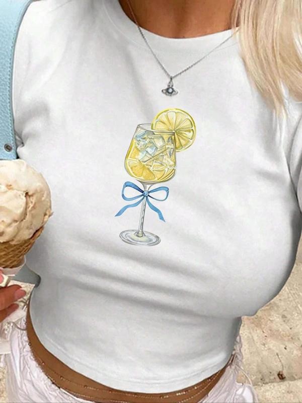 Women's Lemon & Glass Print Crop Tee, Casual Short Sleeve Round Neck T-shirt, Ladies Summer Outfit for Daily Wear Hoodie,...
