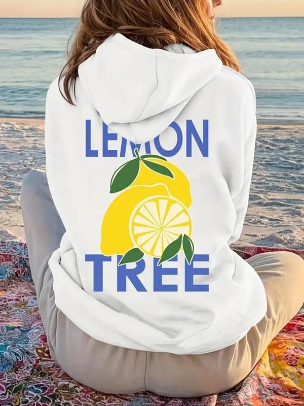Women's Lemon & Letter Print Drop Shoulder Hoodie, Fashion Casual Drawstring Pocket Hooded Sweatshirt for Daily Holiday...