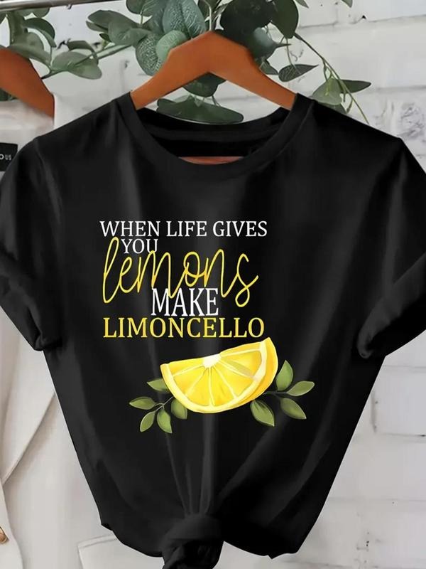 Women's Lemon & Letter Print Round Neck Tee, Casual Short Sleeve Crew Neck T-Shirt for Summer, Fashion Women's Top for...